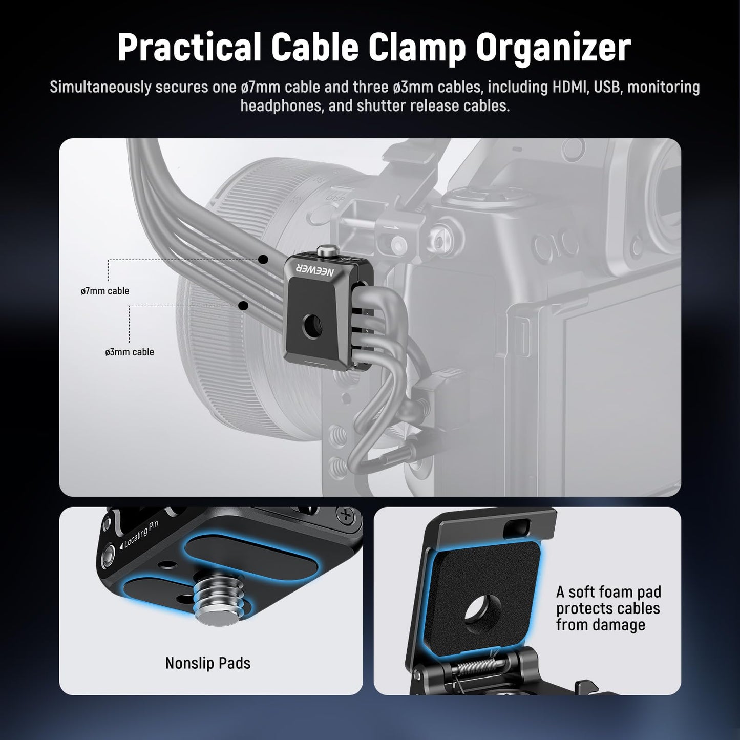 Neewer Spring Loaded Cable Clamp, Camera Cage Cable Organizer With Removable Anti Twist Locating Pin, 1/4  Screw, Quick Release
