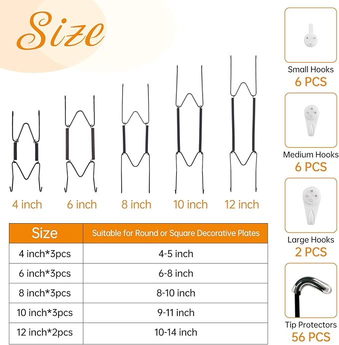 Bilillo 14 Pcs Plate Hangers for Wall - 4/6/8/10/12 Inch Invisible Plates Hanger, Stainless Steel Plate Holders with 14 Pieces Wall Hooks for 4 to 14 Inch Decorative Plates and Arts (Black)