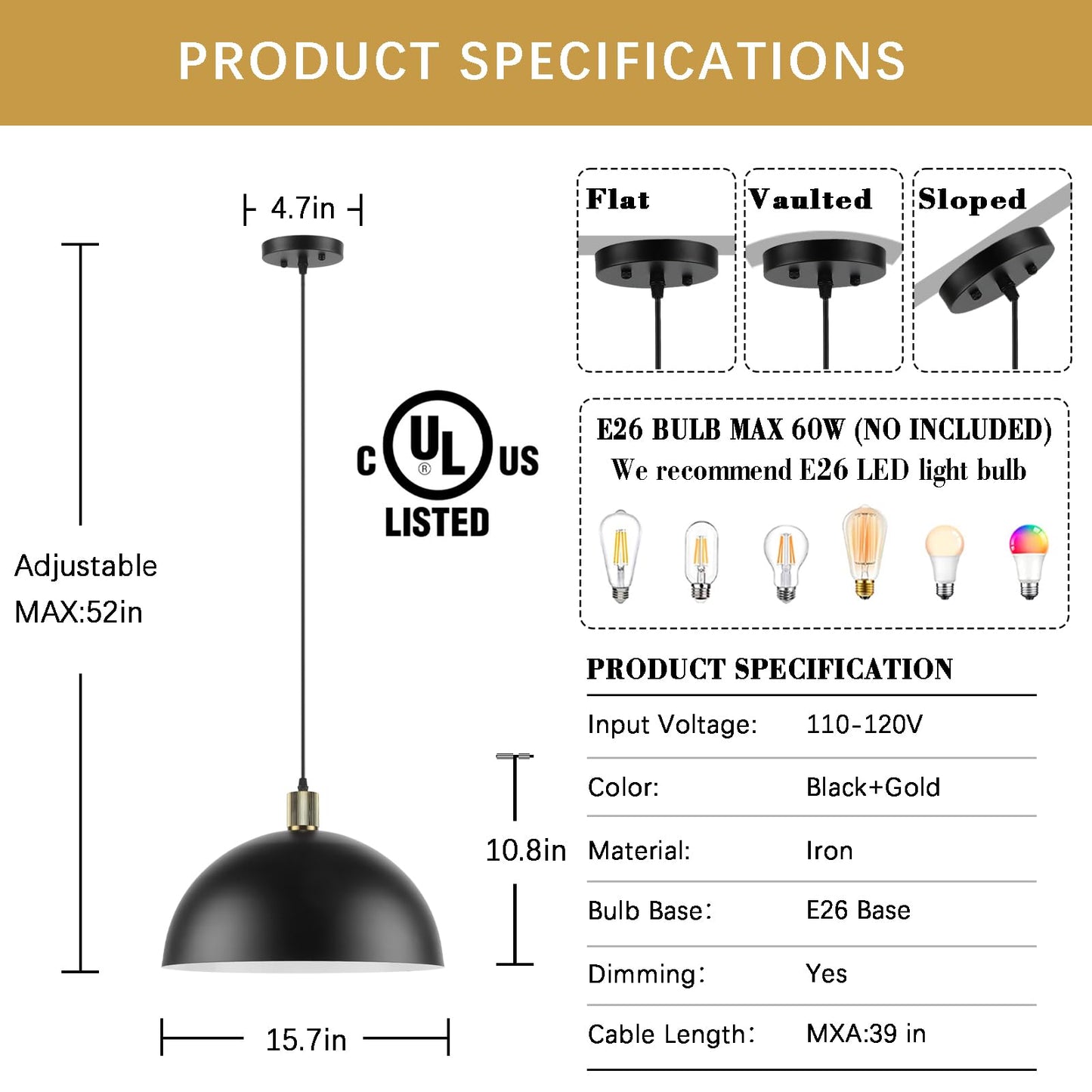 Karjearl Black Pendant Light Fixtures 2 Pack  15.7 Inch Large Dome Pendant Lighting Farmhouse Vintage Chandelier For Kitchen Island Dining Room