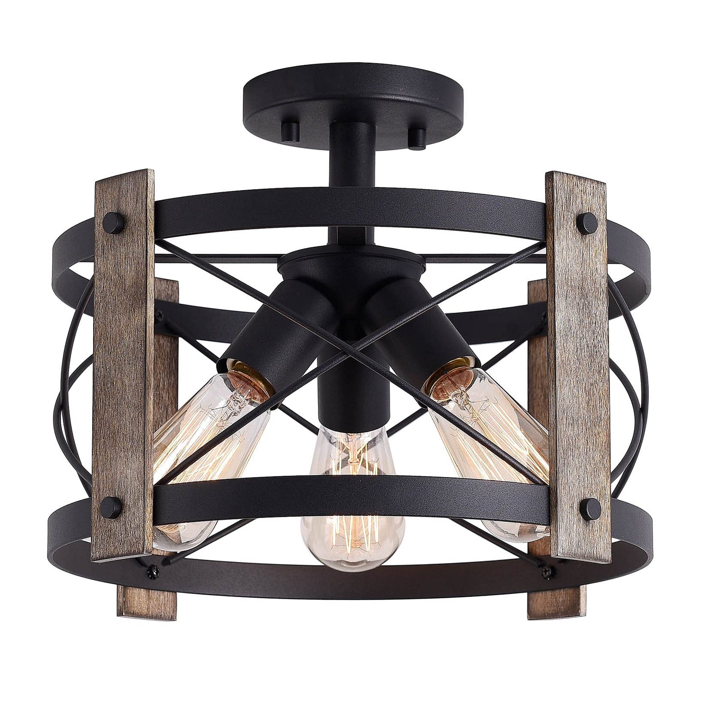 Bargeni 13-inch Flush Mount Light Fixture, 3-Light Rustic Ceiling Light, Matte Black Finish, Wood Metal, Ideal for Living Room and Kitchen