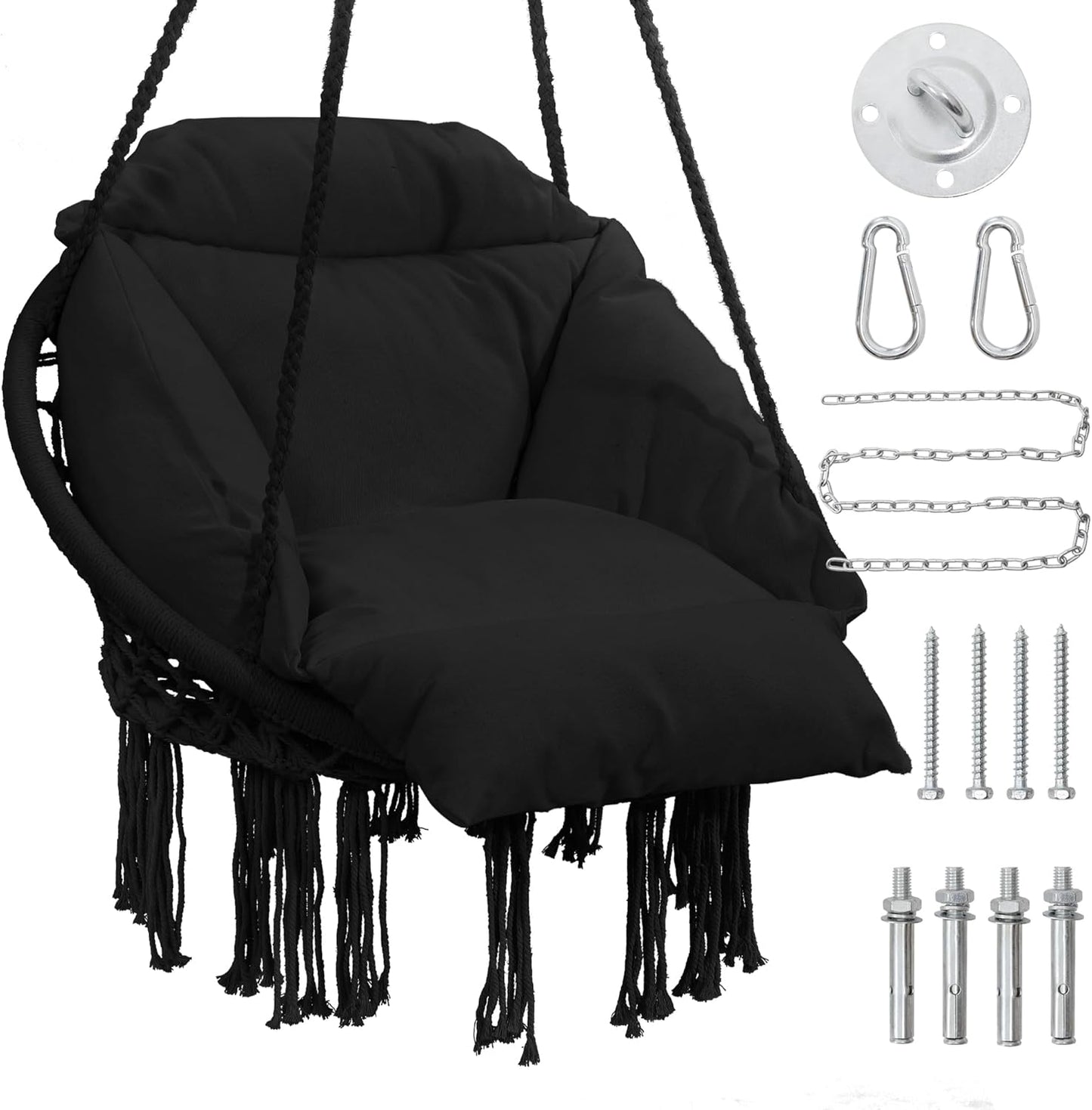 Macrame Hammock Hanging Swinging Chair with Oversized Cushion, Perfect for Bedroom, Porch, Kids, Adults, Balcony, Black