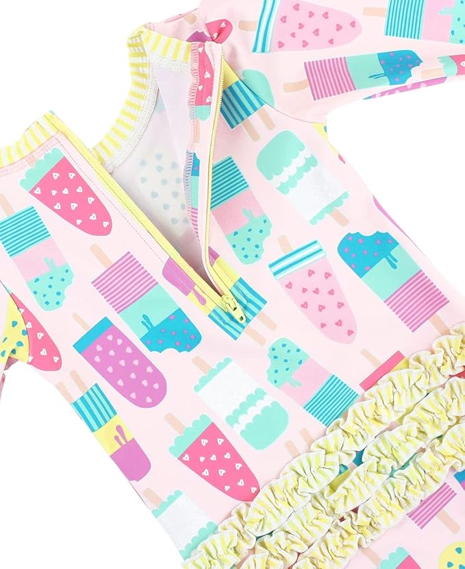 RuffleButts Baby Girls UPF 50+ Sun Protection Novelty Print Long Sleeve One Piece Rash Guard Swimsuit with Zipper