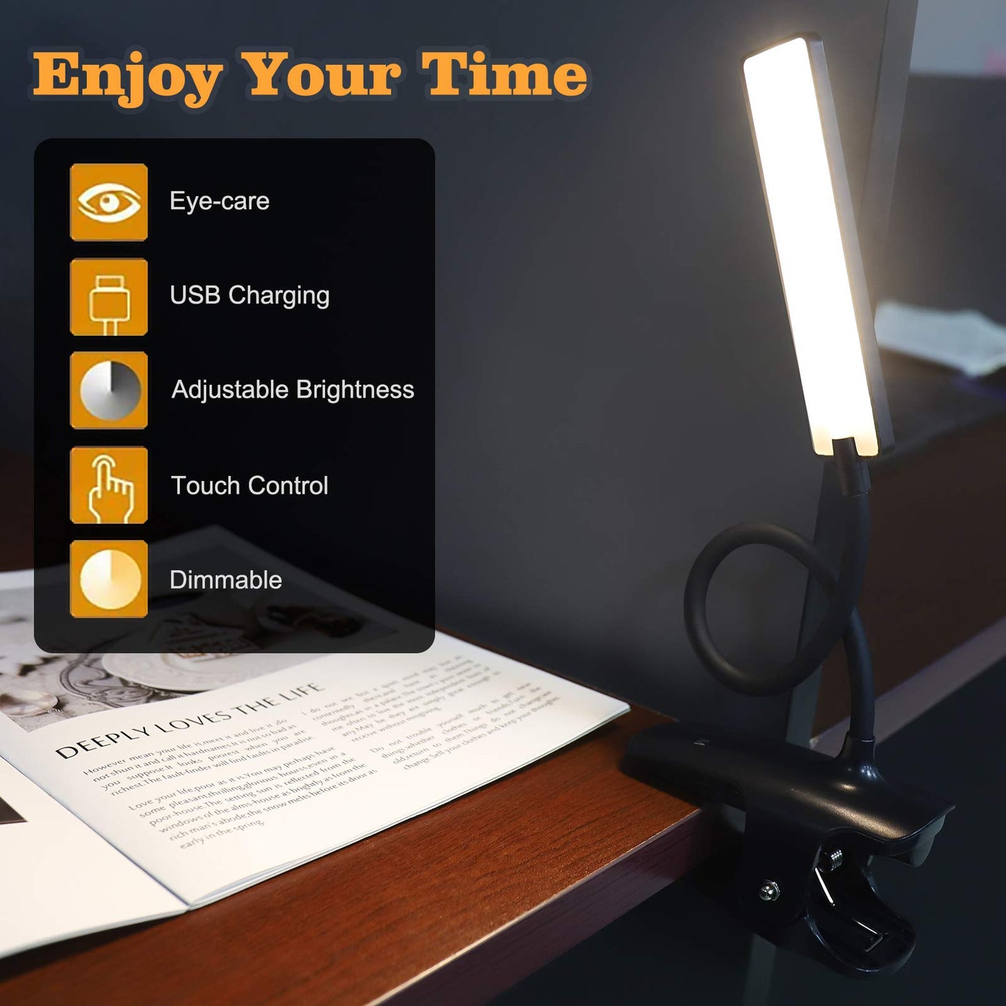 deaunbr LED Reading Light with Clip, USB Rechargeable, 24 LEDs, Flexible Neck, Black, Model WS0030-01-0