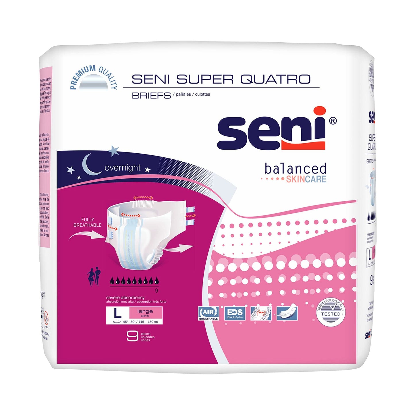 Seni Super Quatro Unisex Adult Incontinence Briefs with Tabs, Size Large (45"-59"), 36 Count (4 Packs of 9), Severe Absorbency, Disposable Overnight Briefs for Men & Women