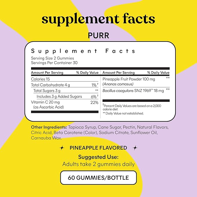 Lemme Purr Vaginal Probiotic Gummies for Women - Balanced pH, Healthy Odor, Yeast Balance & Flora Support + Vitamin C for Immune Health - Tasty Pineapple (60 Count)
