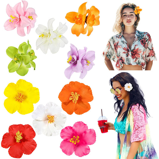 10 Pcs Hawaiian Flower Hair Clips for Women, Plumeria Hibiscus Hair Clips, 3.5 Inch Artificial Flower Clips for Vacation Party B