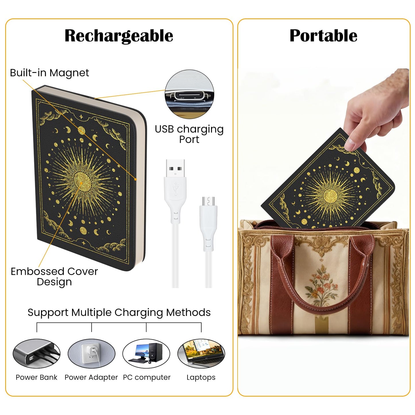 6.5 Inch Book Lamp, Foldable Paper Book Light, Bookshaped Night Light Embossed Cover Design, Rechargeable Folding Paper Lamp, Perfect Books Decor & Book Lovers, Women or Friend, Christmas Gifts Choice