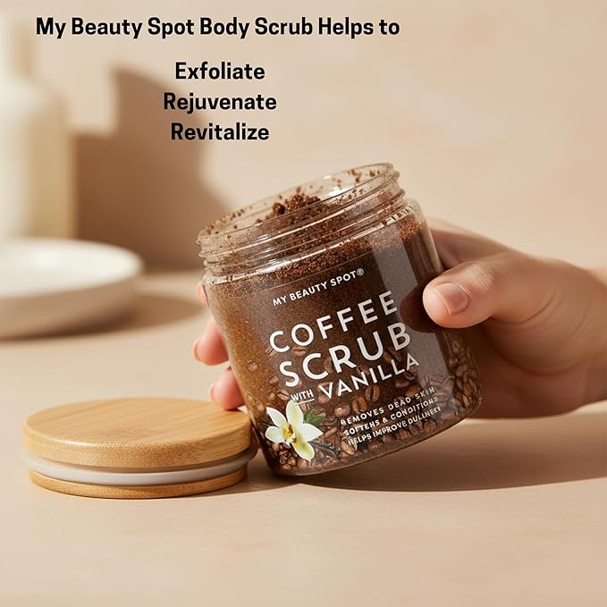 My Beauty Spot Coffee Scrub with Vanilla – Dry Exfoliating Body Scrub & Face for Smooth, Glowing Skin – Deep Cleansing Body Exfoliator for Women – Mix with Shower Gel or Water, Coffee Body Scrub 10 oz