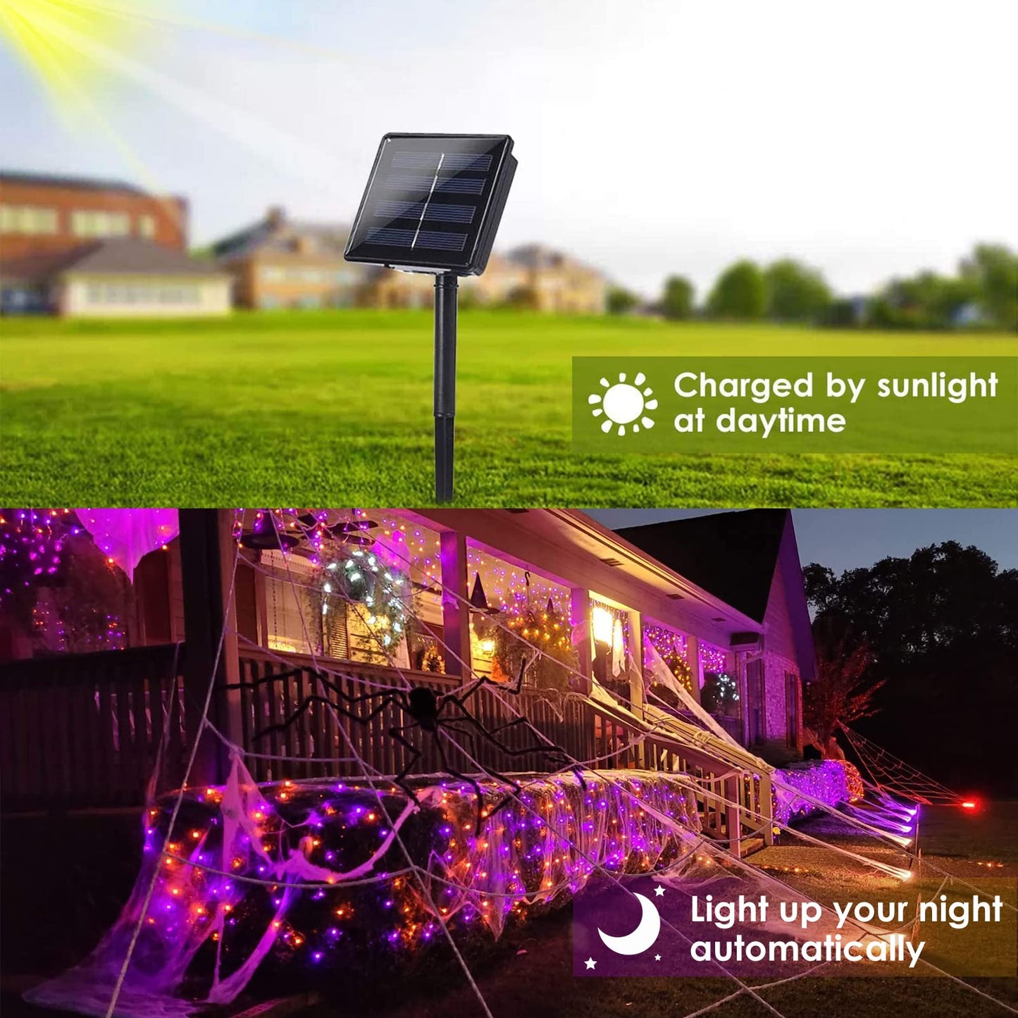 BHCLIGHT Solar String Lights, 200LED, 80FT, Waterproof, Purple & Orange, 8 Modes, Halloween 2 Pack