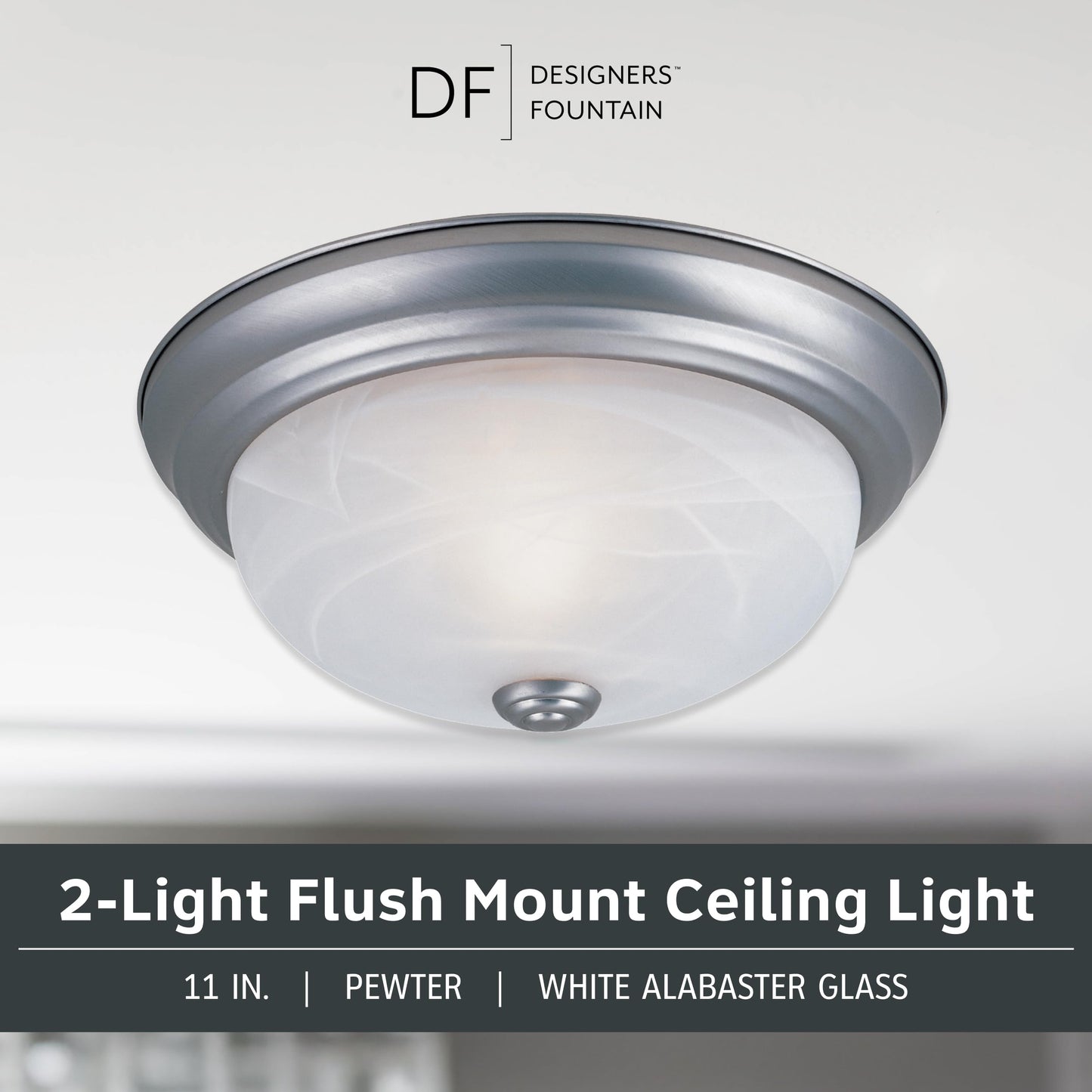 DESIGNERS FOUNTAIN 2-Light Flush Mount Ceiling Light, 11 in, Pewter, Glass, Model 1257S-PW-AL