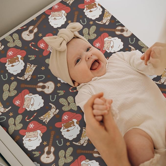 Christmas Western Cowboy Santa Baby Changing Pad Covers for Boy Girl Country Santa Cactus Boots Guitar Fitted Changing Table Mats Winter Holiday Festive Soft Diaper Change Table Sheets 32''×16''
