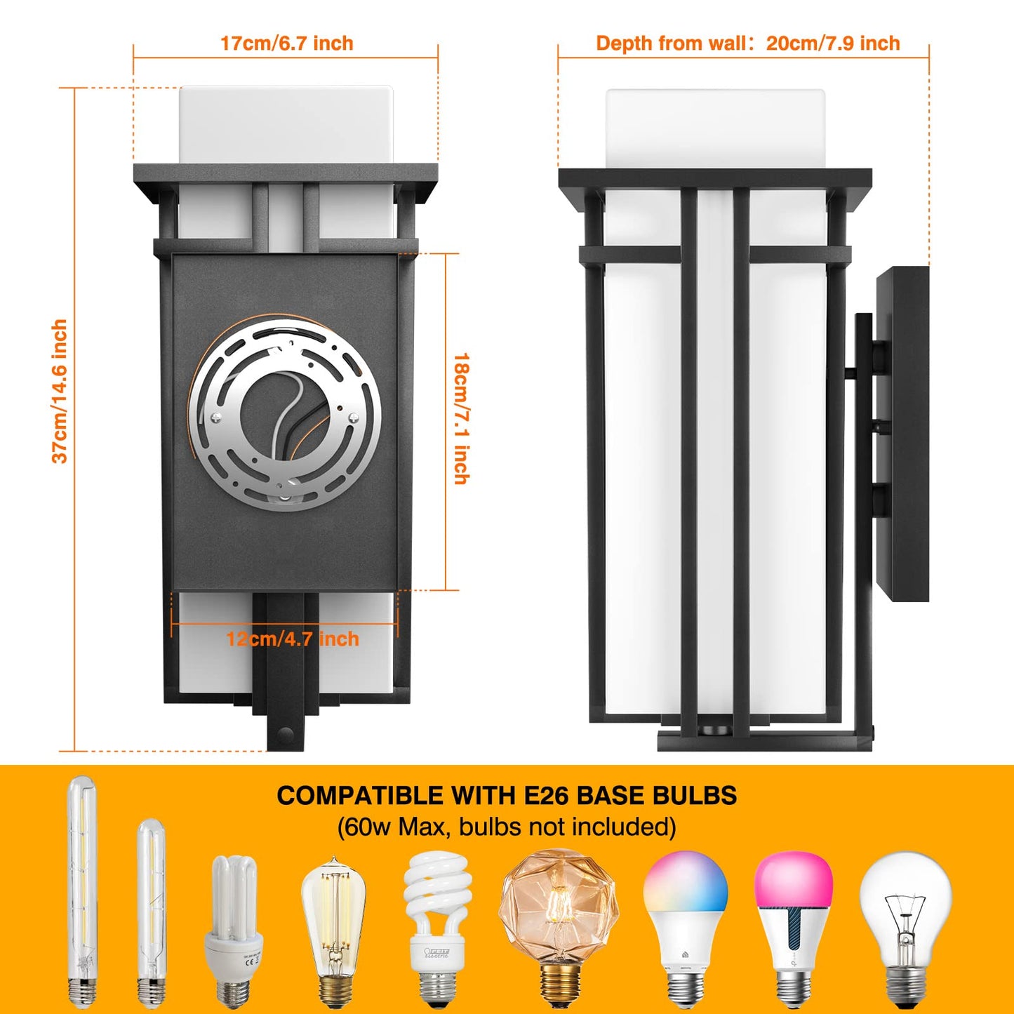 Yoenecea Outdoor Wall Lights, Modern Aluminum & Frosted Glass, 14.6H, Black, Model Yx-Bd01, Ideal For Porch, Garage, Patio Lighting