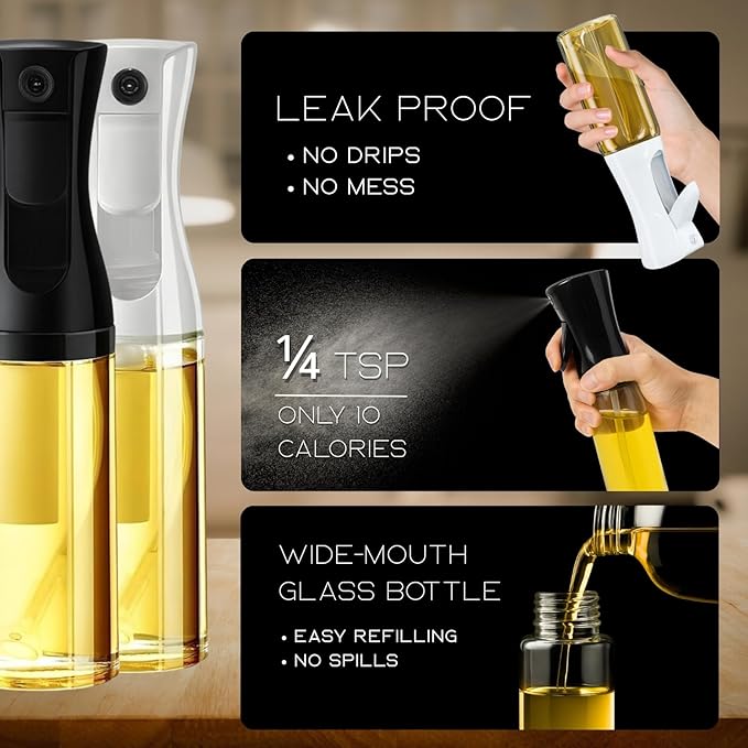 BOKKY Olive Oil Sprayer for Cooking 2 in 1, 220ml Glass Olive Oil Spray Bottle with Continuous Fine Mist, Food Grade Oil Sprayer for Air Fryer, Salad, BBQ, Baking, Frying (Black & White / 2 Pack)