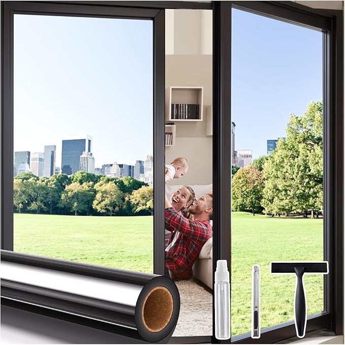 Coavas One Way Privacy Window Film,Daytime Window Tint for Home, Reflective Mirror Glass Window Film See Out Not in,Heat UV Blocking Anti-Glare Window Covers with 3 Tools, 23.6 x 118.1 Inch, Black