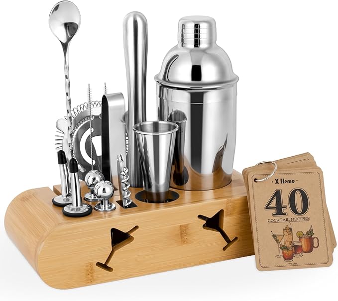 X Home Bartender Kit with Stand, Cocktail Shaker Set for Enthusiasts and Beginners | Includes Martini Shaker, Easy-to-Meas...
