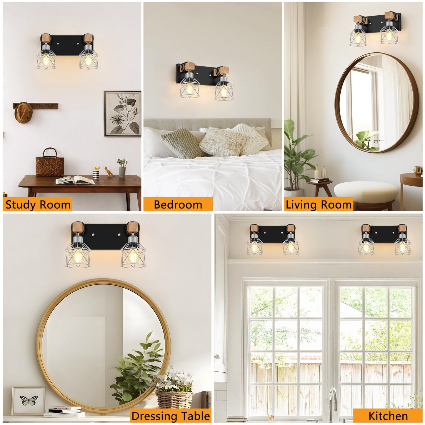 Fadimikoo Farmhouse Bathroom Light Fixtures  Rustic 2-Light Wood Vanity Lights For Bathroom  Industrial Black Silver Wall Lighting With Metal Shade For Bedroom  Living Room  Hallway