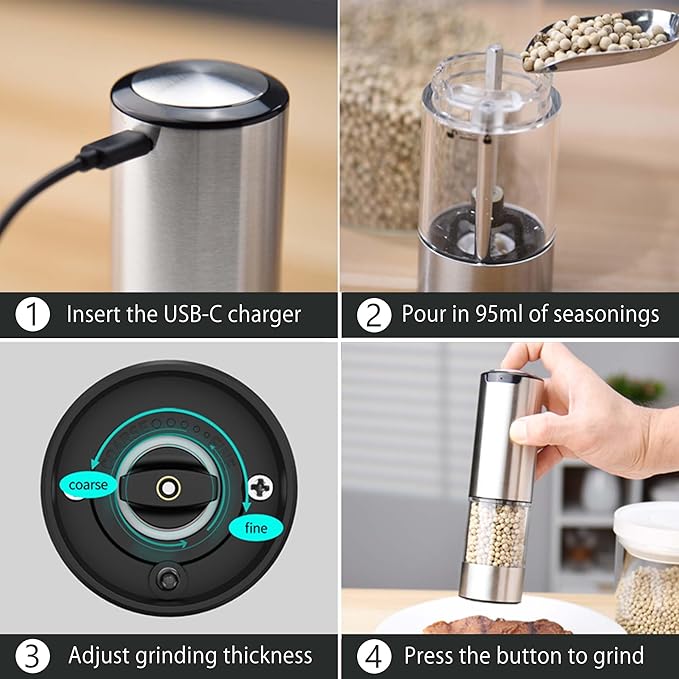 Electric Salt and Pepper Grinder Set, Rechargeable Automatic Pepper Mill Grinder with Led Light, One Hand Operation, Adjustable Coarseness, USB-C Recharging, Refillable, 95ml, Silver(2 Pack)