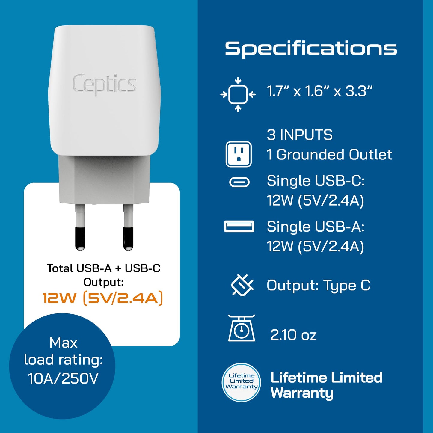 Ceptics 3 In 1 European Travel Plug Adapter - Compact Type C Adapter With Usb-A & Usb-C, Ideal For Phones, Laptops, Cameras & Mo