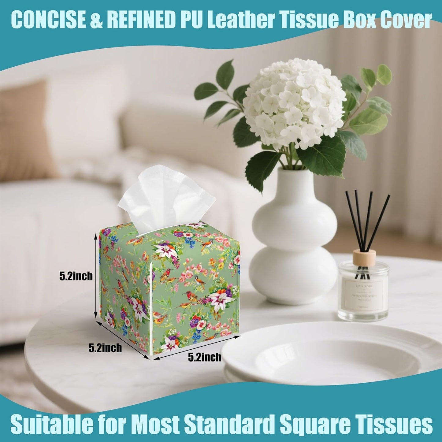 Watercolor Birds Tissue Box Cover,Exotic Wild Flowers Tissue Box Holder Square with Bottom Belt,Waterproof Modern Napkin Holder Organizer for Bedroom Dresser Night Stand Office Desk,5.2" x 5.2" x 5.2"