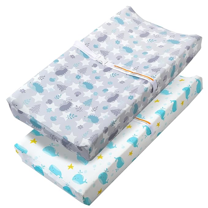 Changing Table Pad Cover Elastic Changing Pad Cover Premium Baby Changing Pad Cover 2 Pack for Boys Girls Soft and Comfortable (Baby Whale and Hedgehog)