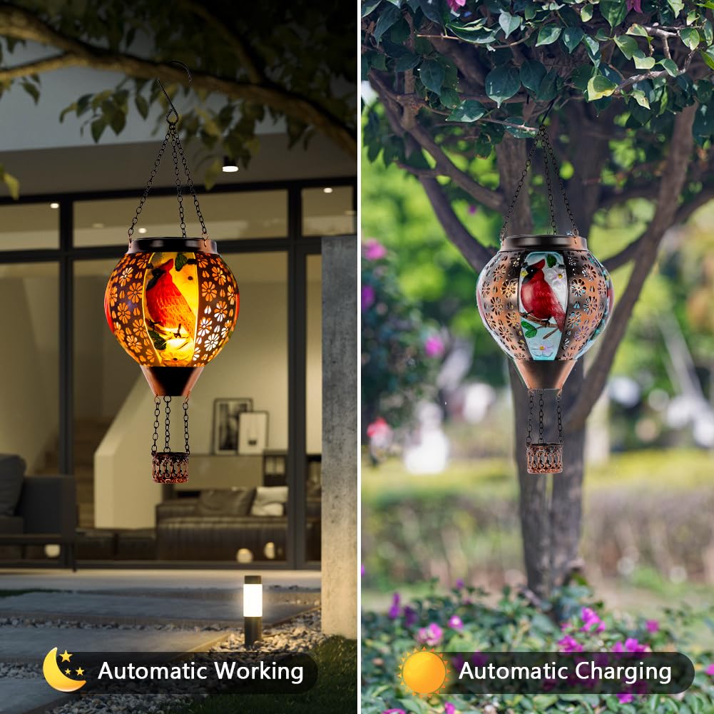 DREAMSOUL Solar Lantern, Metal Hot Air Balloon, Flickering Flame, Waterproof, Red, Model DS