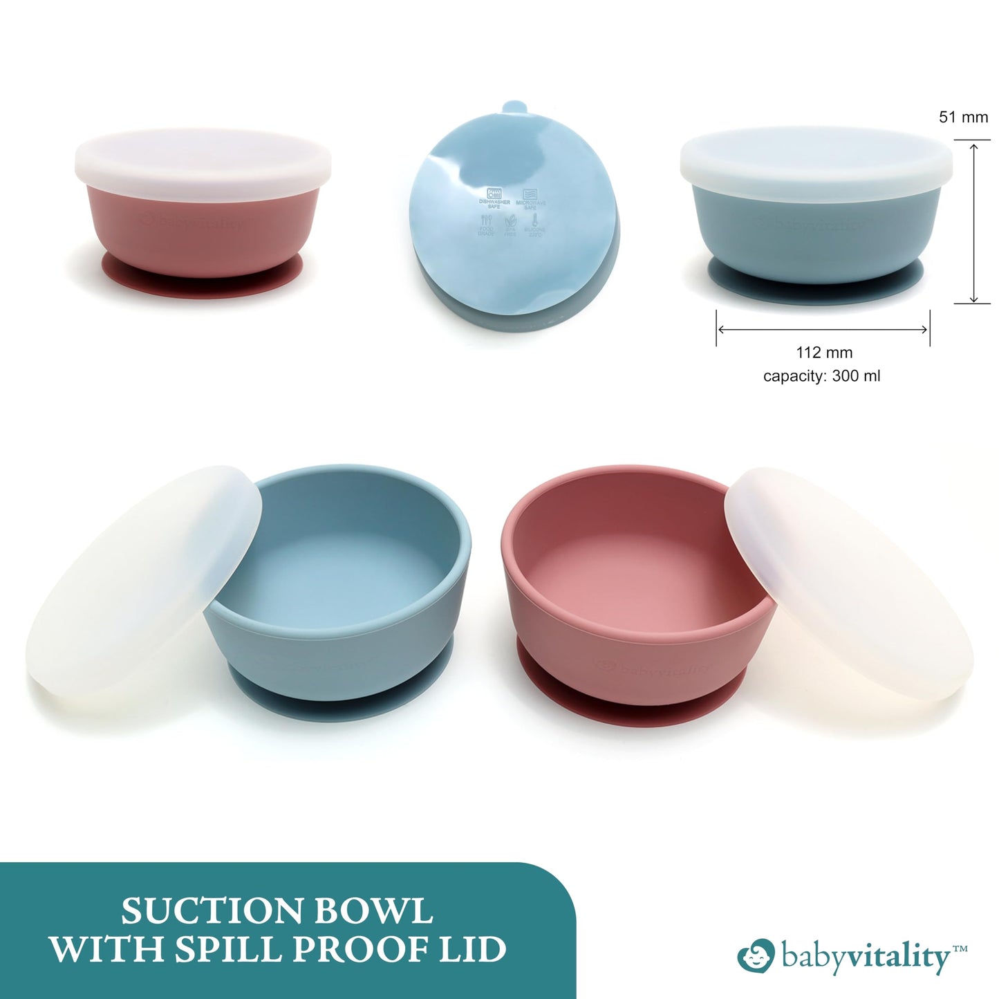 BABYVITALITY Silicone Feeding Set | Suction Plates & Bowls with Lids, Sippy Cup, Utensils | Toddler Eating Essentials - Pink