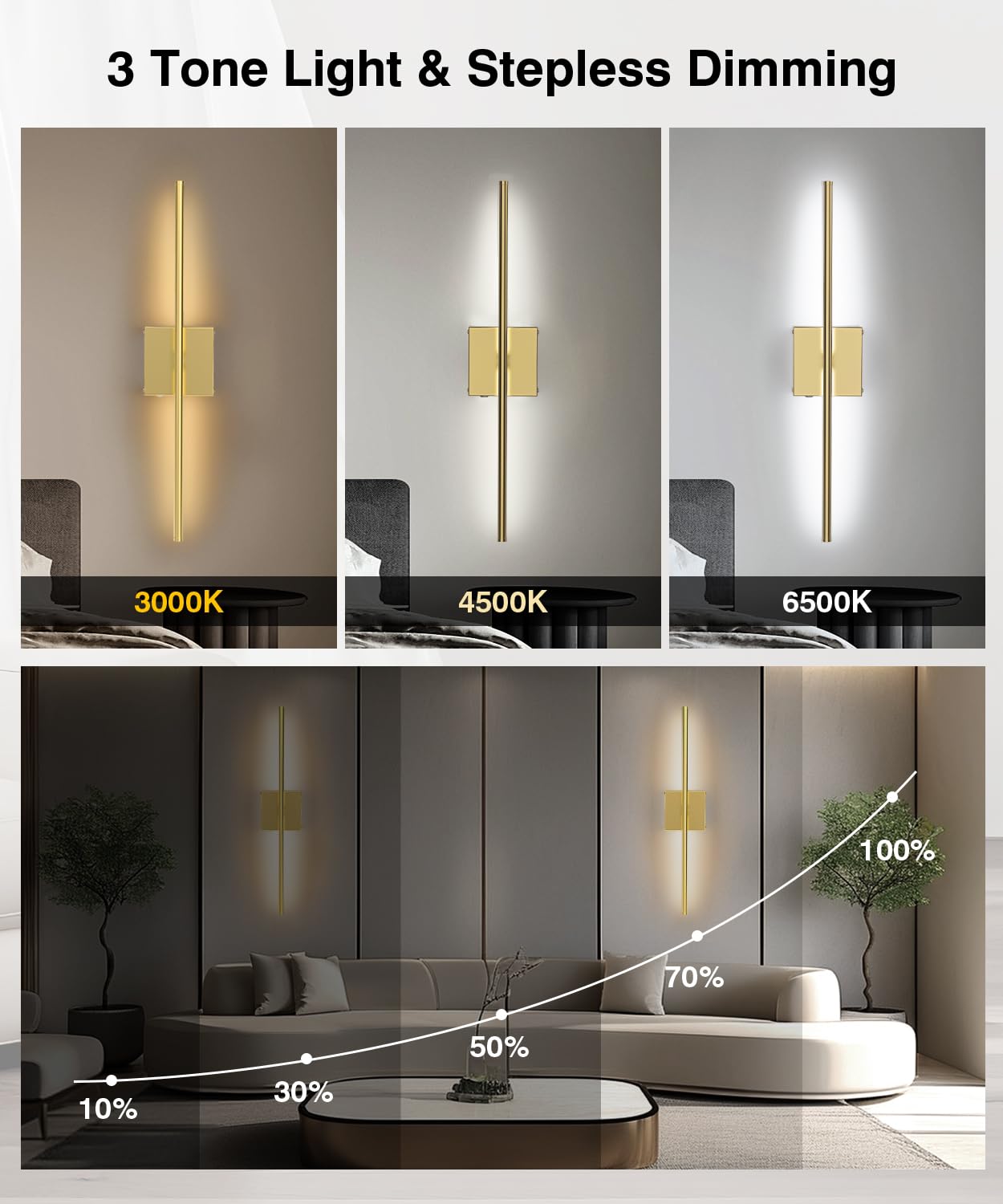 CASGAL Wall Sconce Set of Two, Battery Operated, 3000K-6500K LED, 26.6 Inch, Gold, Model 1179-Gold, 350°
