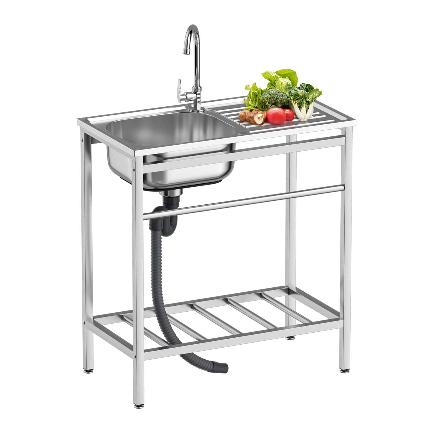 Vivrhintty Free Standing Kitchen Utility Sink with Workbench & Accessory Set, Stainless Steel Sink for Commercial, Outdoor,Garage, Laundry Room Use (29.52"D x 15.74"W x 29.52"H)