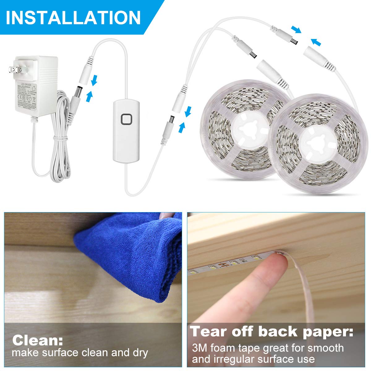 MYPLUS Dimmable LED Strip Lights 32.8FT 600 LEDs Cold White 6500K for Under Cabinet Lighting