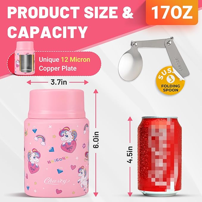 Charcy 17oz Thermo for Hot Food, Soup Thermo Food Container for Lunch Box with Folding Spoon ZB - Pink Unicorn Y
