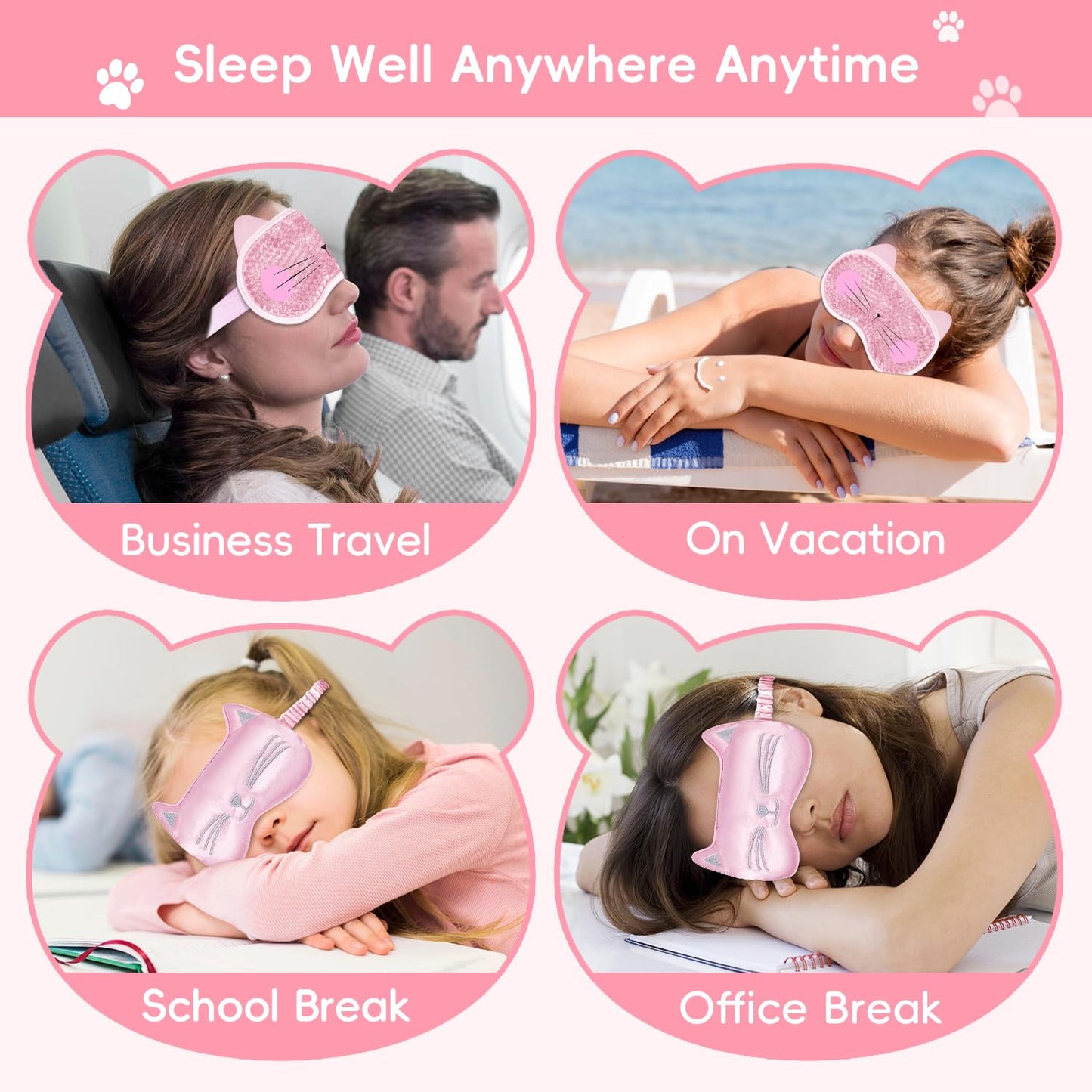 Cooling Eye Mask and Sleep Mask for Woman 2 Pcs, Cute Animal Cat Cartoon Pink Sleeping Mask Soft Cold Warm Compress Gifting for Dry Eyes Puff Eye Migraine Spa, Office, Morning Refreshment