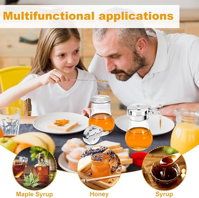 2Pcs 8oz Syrup Dispenser Honey Pot Glass Honey Dispenser Jar, Maple Syrup Dispenser, Honey Container, Commercial Quality With Handle Honey Dispenser for Home Kitchen Storage (1, Plain weave 2 pack)