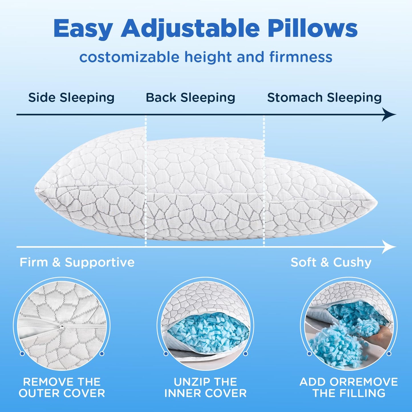 SUPA MODERN Cooling Pillows Queen Size Set of 2, Shredded Memory Foam Pillows for Sleeping 2 Pack, Adjustable Firm Bed Pillow for Side Back Stomach Sleepers, Cool Luxury Gel Pillow for Neck Support