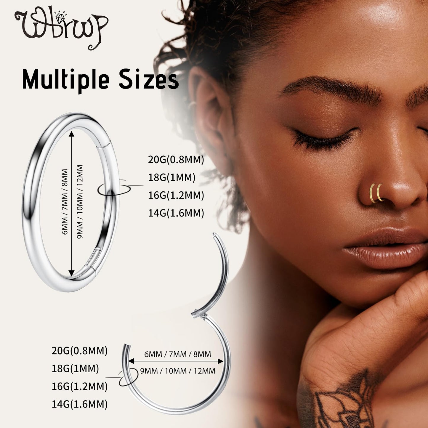 WBRWP 316L Stainless-Steel Piercing-Ring Hinged Nose-Rings-Hoop: 18G 8MM Womens Body Pierecing Ring Segment Clicker Lip Rings Ca