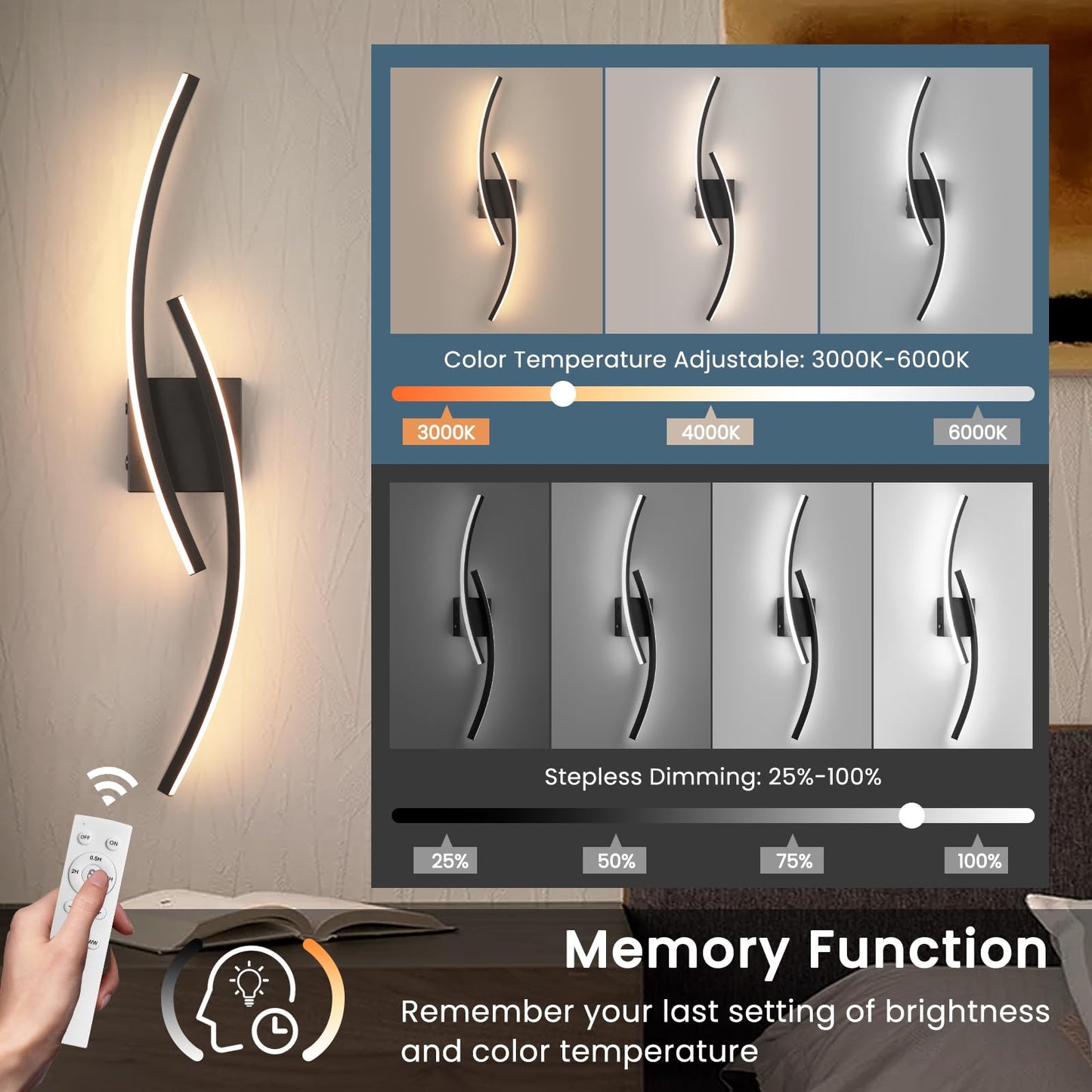 Sovinzert Wall Sconce, 15000mAh Battery Operated, Remote Control, 3000K-6000K LED, Aluminum, Black, 39.3 Inch