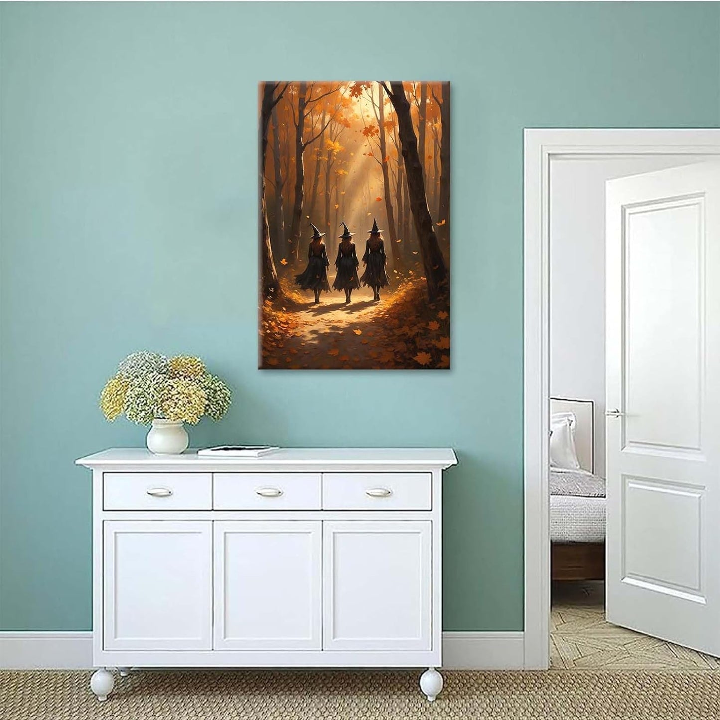 JFHCQJPK Three witches walking in the forest in autumn canvas painting gothic poster halloween print country witch wall art for home decoration8x12in Frameless
