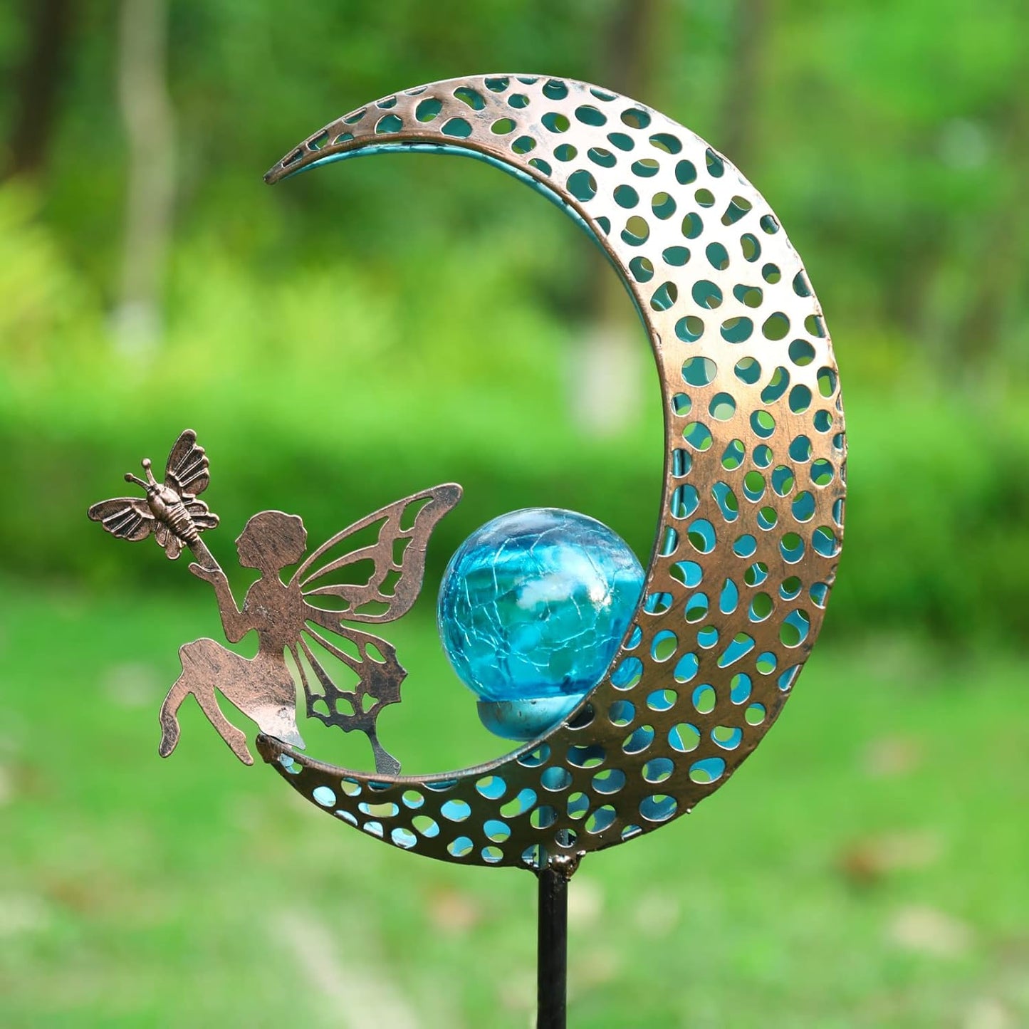Bshine Moon Solar Light Outdoor Garden Decoration, Moon Fairy Garden Statue Outdoor Decor,Metal Waterproof Light Stake for Patio, Path, Yard and Lawn Ornament, Housewarming Gift for Mom,Blue