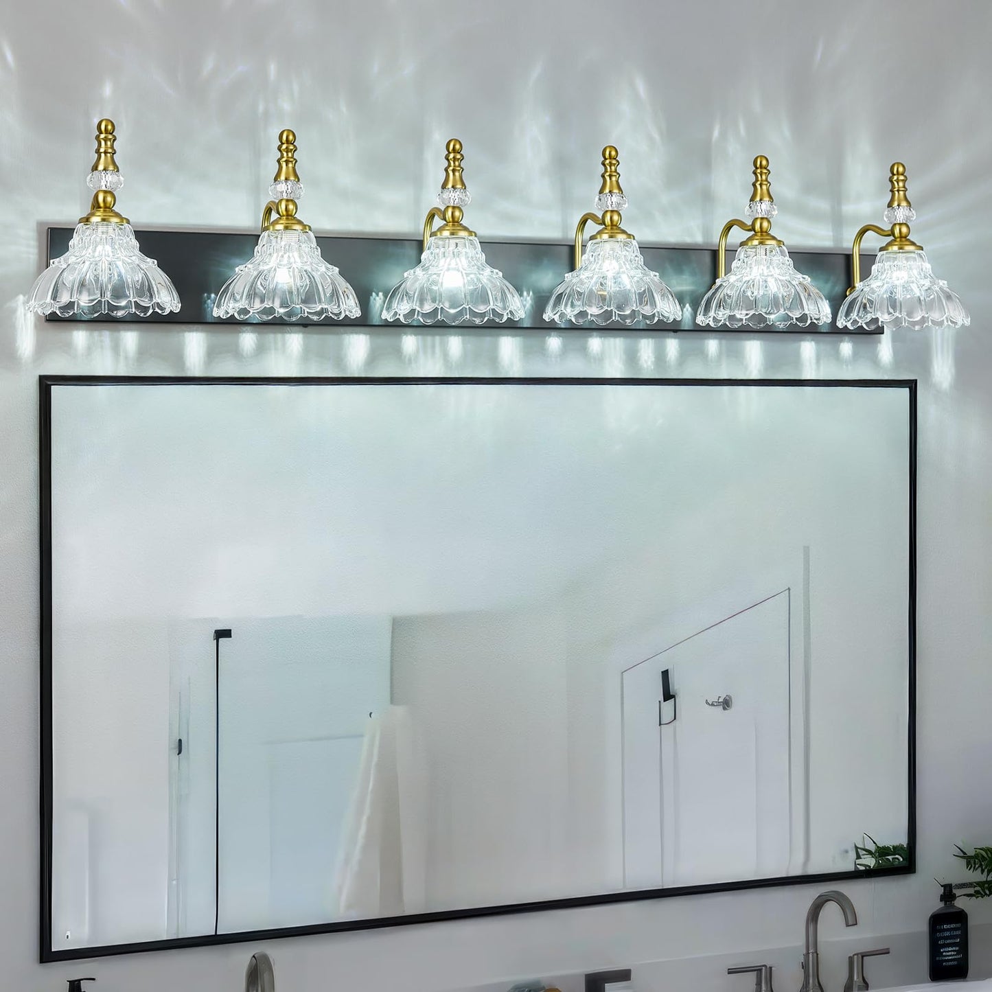 Lbsqj Vintage Bathroom Vanity Light  6-Light Black Gold Vanity Lighting Fixture With Flower Glass Shade  Bathroom Lighting Fixtures Over Mirror