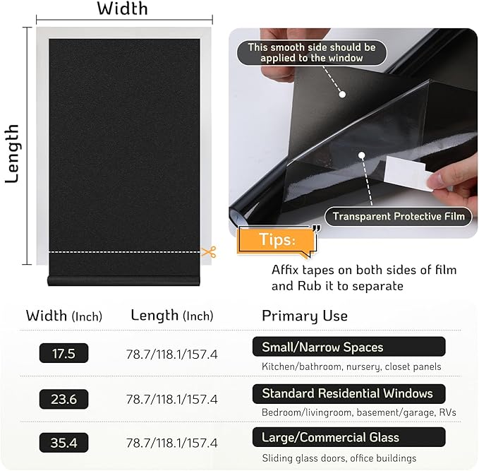 LUTE Blackout Window Film, Sun Light Blocking Frosted Privacy Cling for Glass, Darkening Window Tint for Day Sleep Black Out Shades, UV Blocking Static Cling Blackout Cover, 35.4" x 157.4"