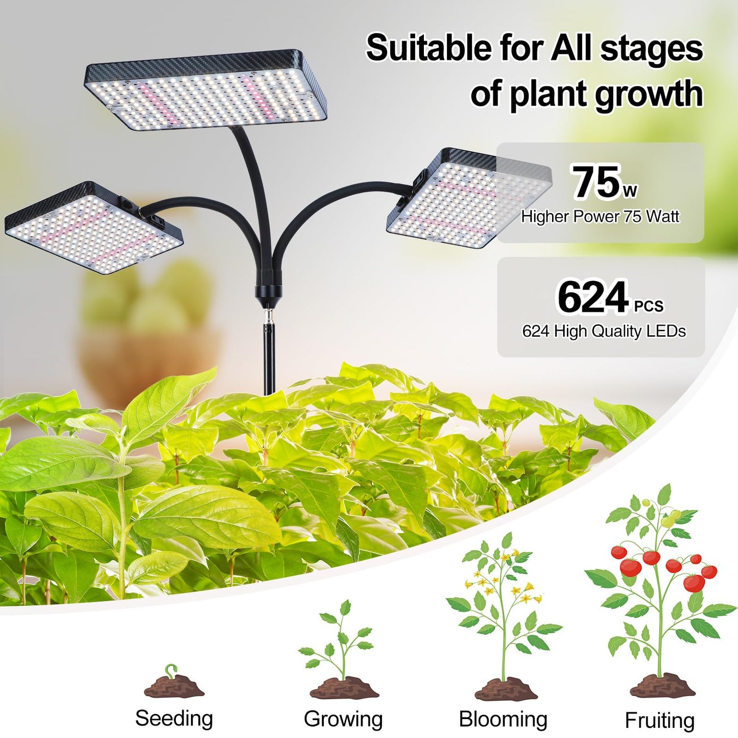 Orchbloom Grow Light with Stand, 75W Full Spectrum, 3 Head, Black, Zinqolay, Auto Timer for Indoor Plants