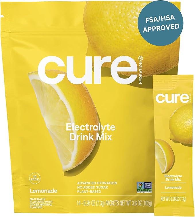Cure Hydration | Plant-Based Electrolyte Drink Mix | No Added Sugar | FSA & HSA | Dehydration Relief Powder Made with Coco...