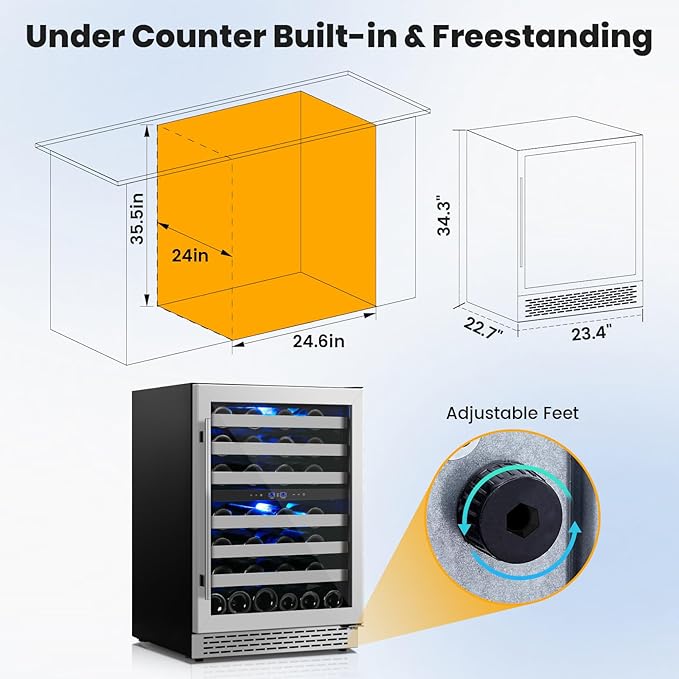 24 Inch Wine Cooler Refrigerator Under Counter,54 Bottle Dual Zone Wine Cooler,New Upgrade Built-in/Freestanding,Seamless Reversible Stainless Steel Door Wine Fridge for Home and Kitchen