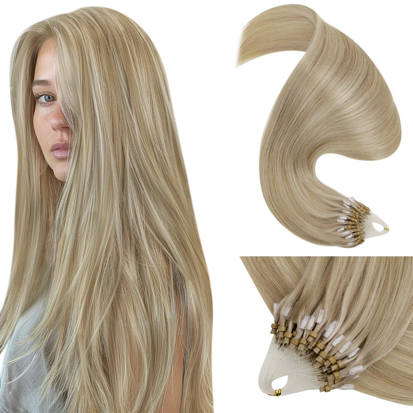 LaaVoo Micro Ring Hair Extensions Human Hair Blonde Micro Loop Hair Extensions Real Human Hair Highlighted Light Blonde 20in 50g
