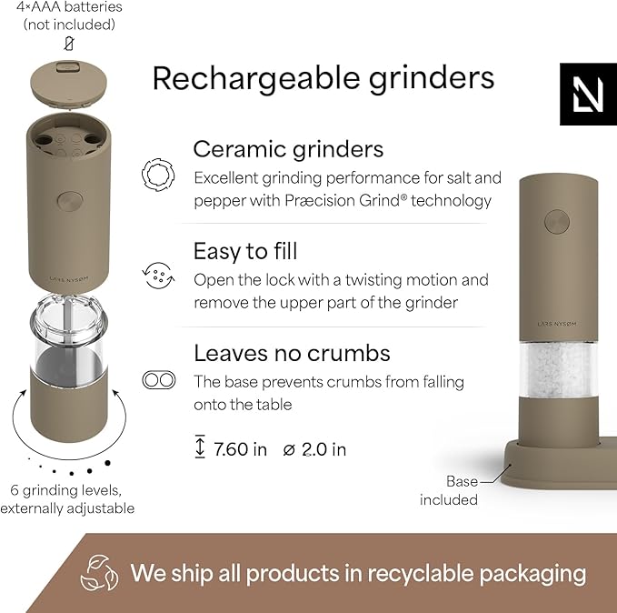 LARS NYSØM Electric Salt and Pepper Grinder Set I Automatic Salt and Pepper Mills with Adjustable Ceramic Grinder I AAA-Battery Operated Electric Spice Mill Set (Taupe Brown)