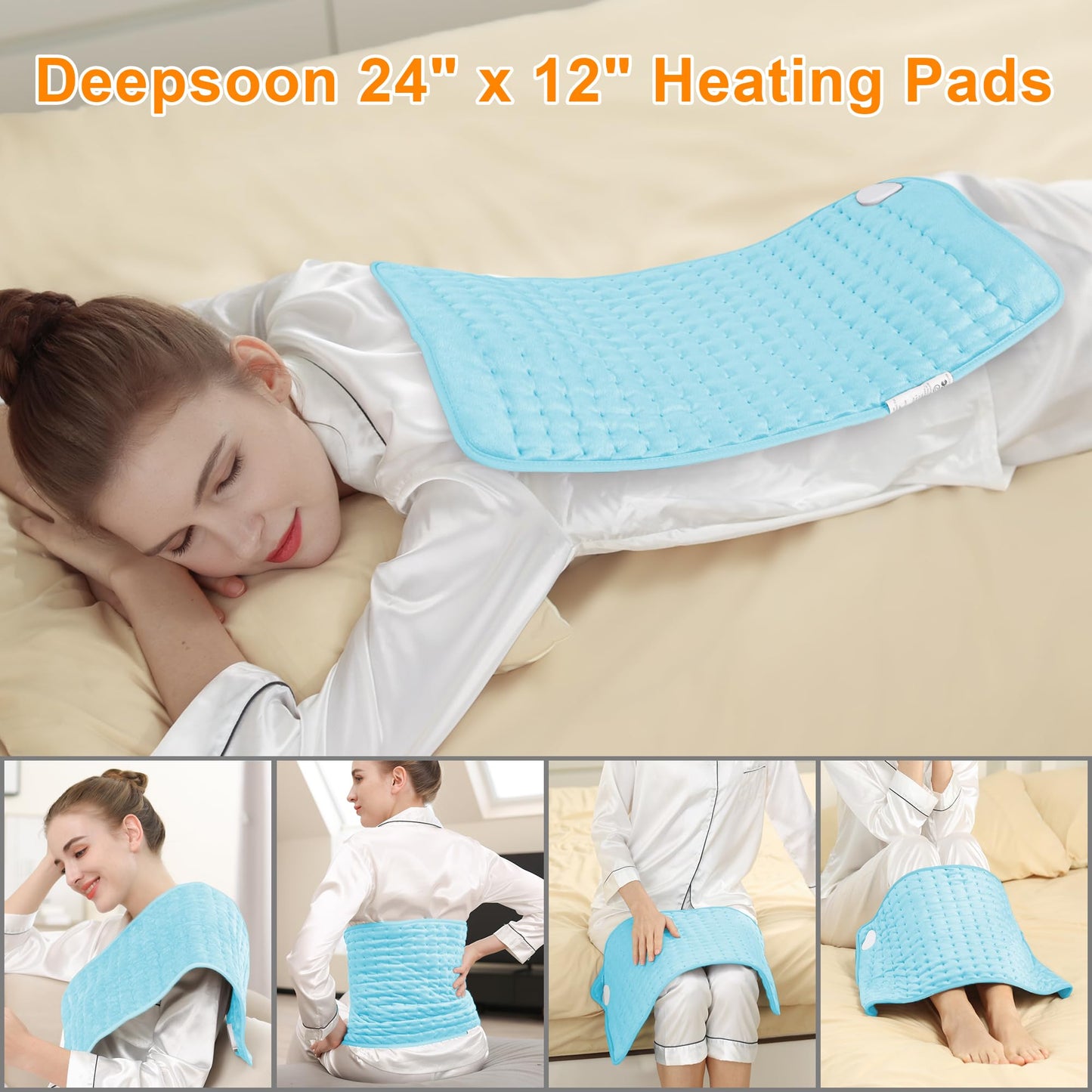Deepsoon Heating Pad,Electric Heating Pads for Back,Neck,Abdomen,Moist Heating Pad for Shoulder,Knee,Arms,Legs,Dry/Moist Heat & Auto Shut Off,Christmas Gifts for Men and Women,Light Blue,24x12 Inch