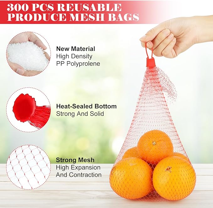 300 Pcs Reusable Mesh Produce Bags, 20 Inch Seafood Boil Bags for Crab with 300 Loop Closures, Onion Potato Storage Net Bag for Vegetables Fruits Seafood