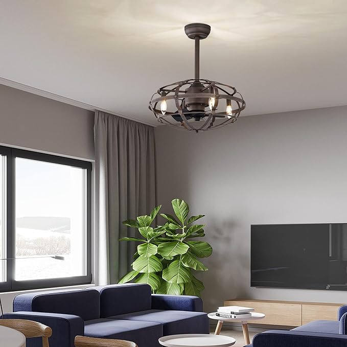 NicBex Ceiling Fan 20 Inch Indoor Industrial Ceiling Fan with Lights Ceiling Fans with 5 Blades and Remote Control Caged Ceiling Fan for Bedroom, Living Room, Matte Brown