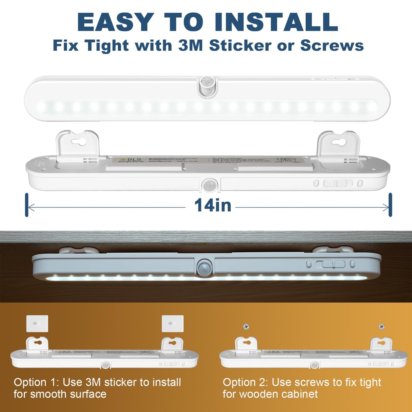 BLS Under Cabinet LED Lighting, Motion Sensor, 14 Inch, 2200mAh Rechargeable, Cool White 6000K, Dimmable, Battery Powered/DC Plug