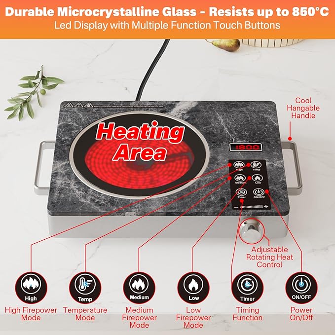1800W Single Burner Electric Stove Top, Portable Infrared Electric Cooktop with Marble Glass, 110V Ceramic Hot Plate, Countertop Burner with Timer & Knob Control, 18 Levels Power Settings
