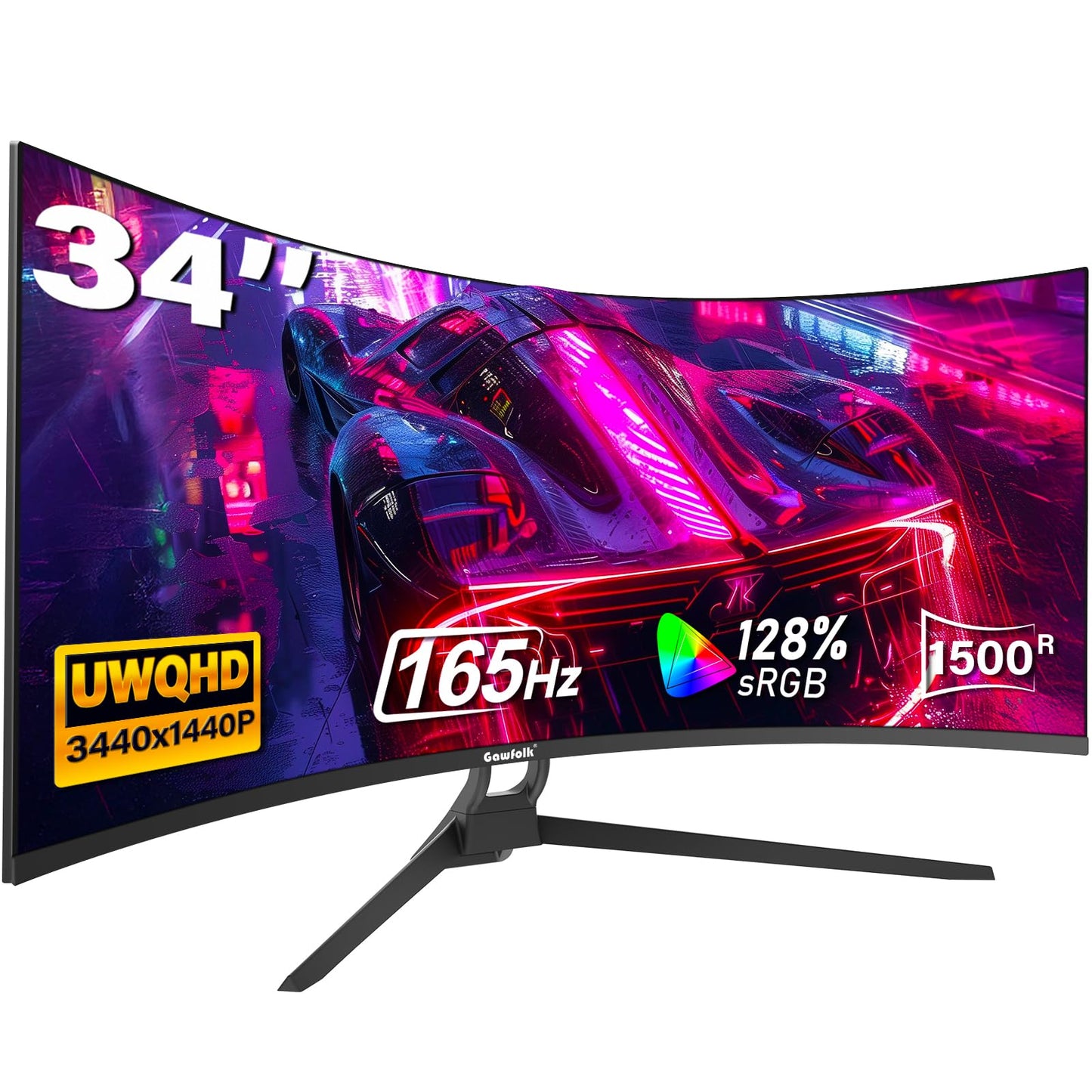 Gawfolk 34 Inch Ultrawide Curved Gaming Monitor, 1500R PC Screen 165hz UWQHD 4K, Curved Computer Screen with FreeSync, Support Wallmount 75x75mm-Black